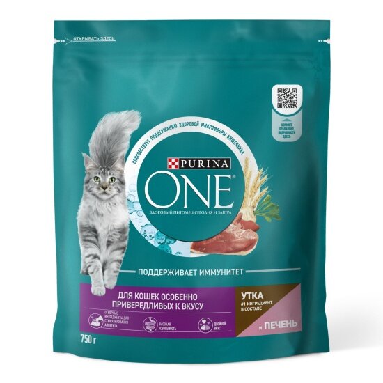 Сухой корм для кошек Purina One особенно привередливых к вкусу с уткой и печенью 750 г — фото 1