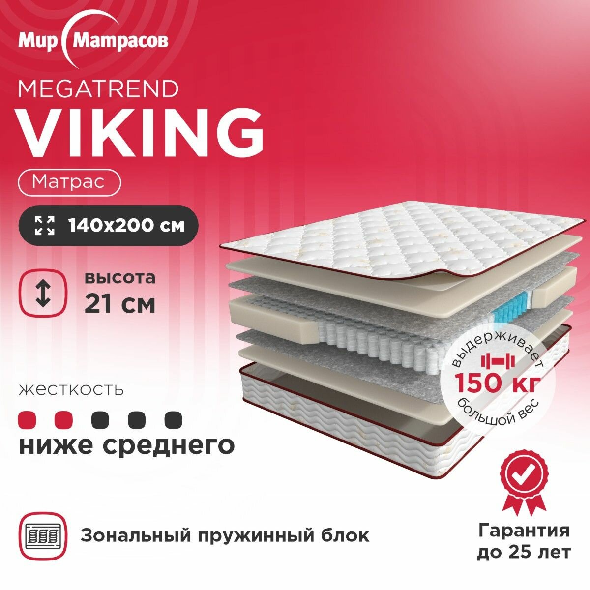 Анатомический матрас, Ортопедический матрас MegaTrend Viking, Зональный блок 140x200 см