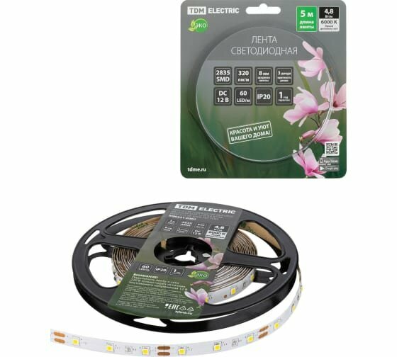 Светодиодная лента TDM SMD2835-60 LED/м-IP20-12 В-48 Вт/м-6000 К (5 м) блистер SQ0331-0365