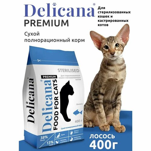 DELICANA (Деликана) Корм сухой для стерилизованных кошек/кастрированных котов, с лососем, 400 г