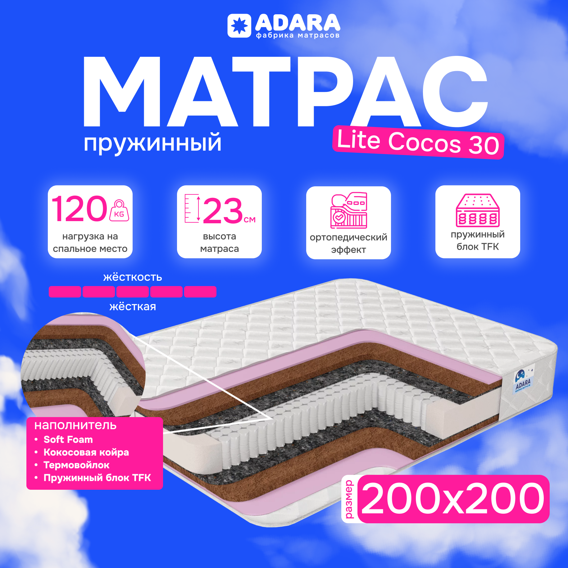 Матрас Lite Cocos 200х200 30,жесткий, ортопедический, Независимые пружины
