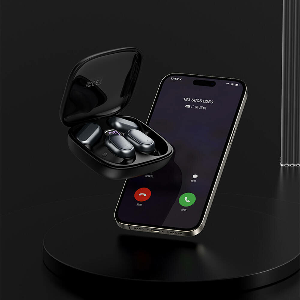 Беспроводные открытые наушники Recci Ear-Hook OWS Earbuds, BT5.3, 300 mAh/50mAh, LED display, IP54, Черный