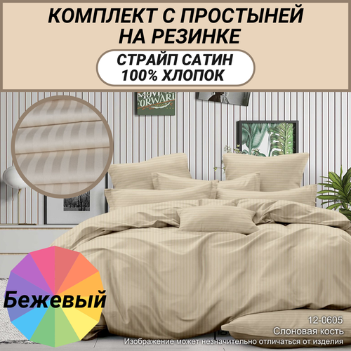 Комплект 1.5 сп с простыней на резинке 90х200 (50х70 -2 шт) страйп сатин "Слоновая кость", СПАЛЕНКА78, 100% хлопок, пододеяльник на молнии, полоса 1х1, плотность 130 гр/м бежевый, размер 1.5, спальный