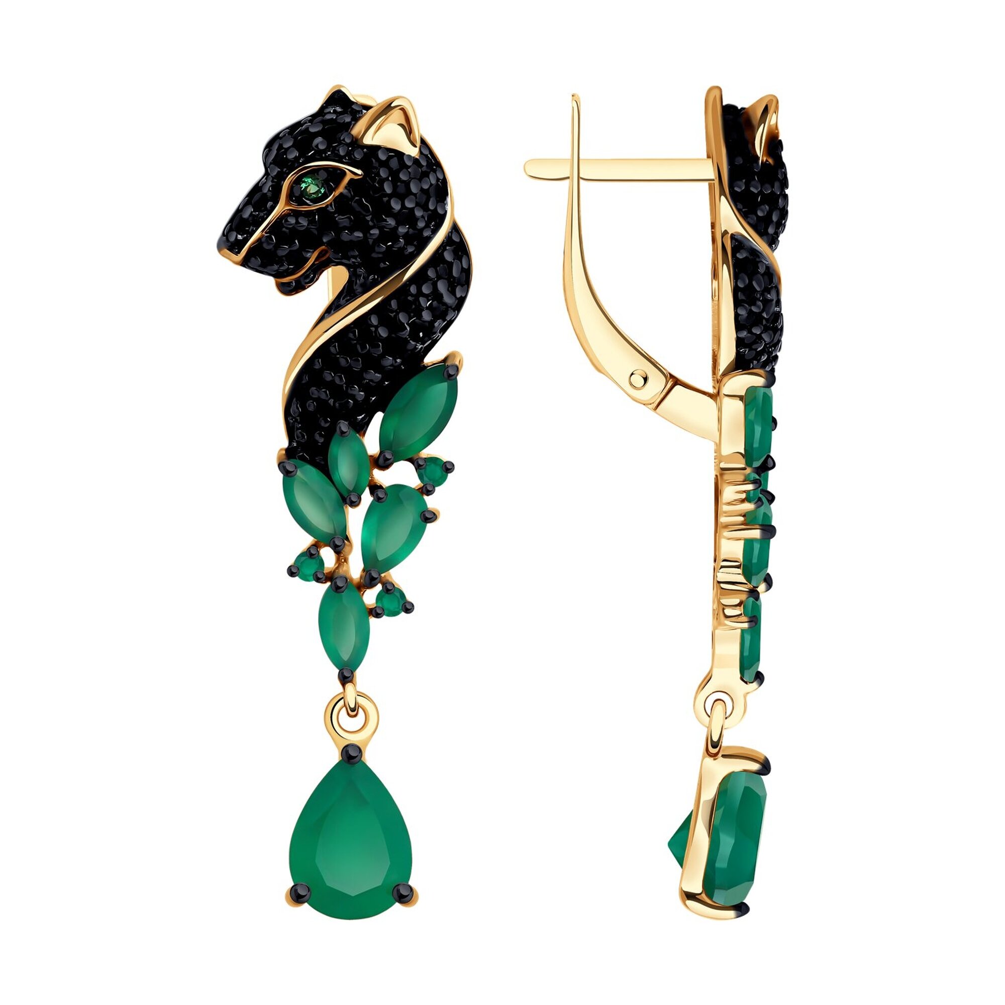 Серьги двусторонние Diamant online, серебро, 925 проба, золочение, агат, фианит, длина 4.2 см, , бирюзовый