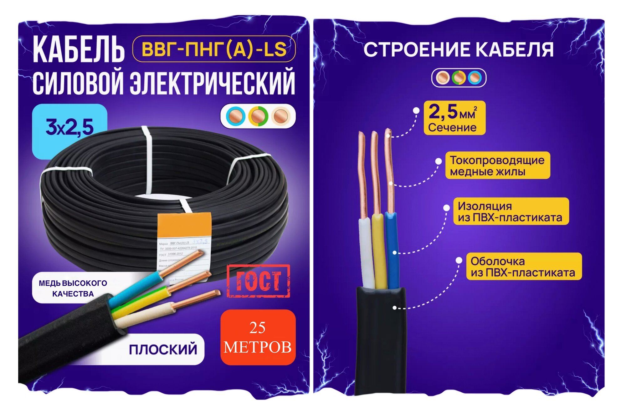 Кабель Евро-Кабель ВВГ-ПНГ(А)-LS, 3х2.5, медный, сечение 2.5㎟, не горючий, ГОСТ, 25 метров, плоский