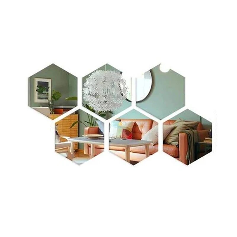 Зеркальные шестигранные наклейки акрил 12 шт 6PCS Silver XS 46x40x23mm