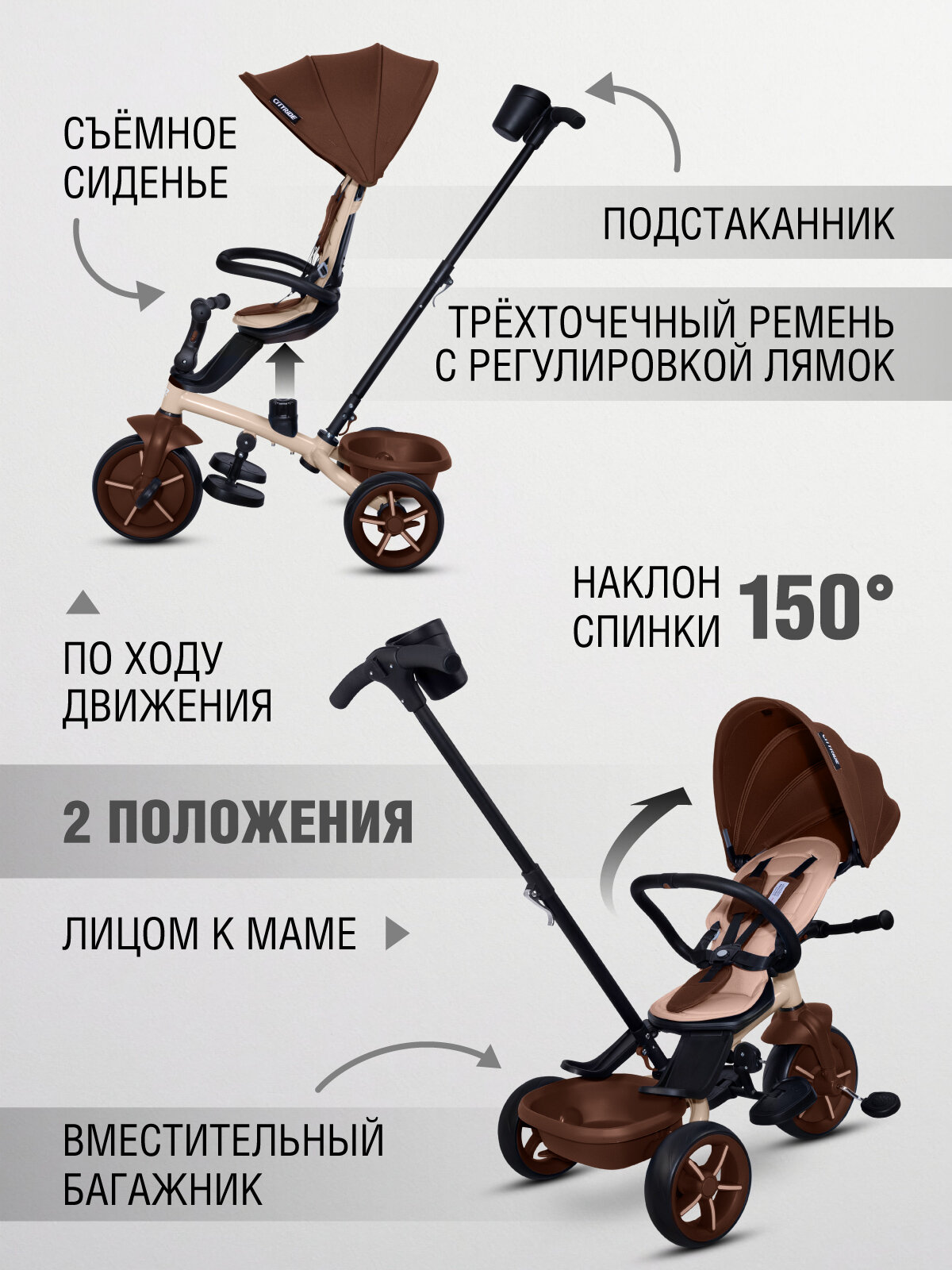 Велосипед детский трехколесный CITYRIDE XTERRA, складная крыша, колеса EVA 11"/9", CR-B3-12PB — фото 1
