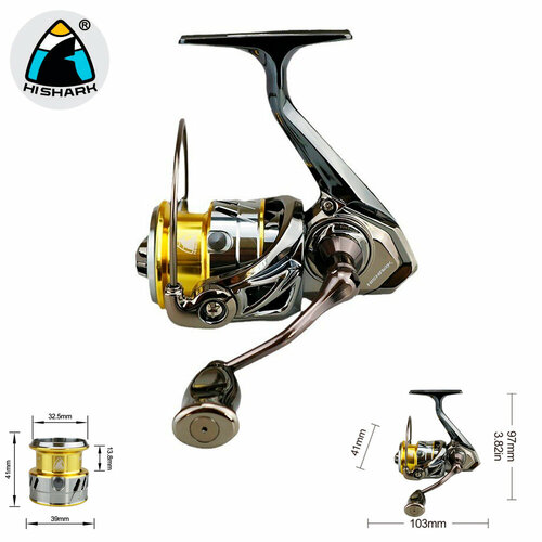 Катушка рыболовная Hishark, модель HS 2000 серебристо-золотая, спиннинг