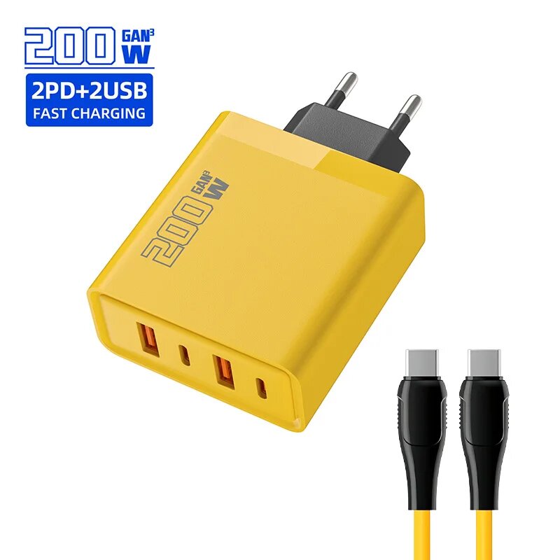Сверхбыстрое зарядное устройство 200 Вт 2USB 2PD 4-в-1 Тип C Быстрое зарядное устройство для телефона GaN для Iphone Huawei Samsung Xiaomi Oppo EU US Plug EU Charger And line