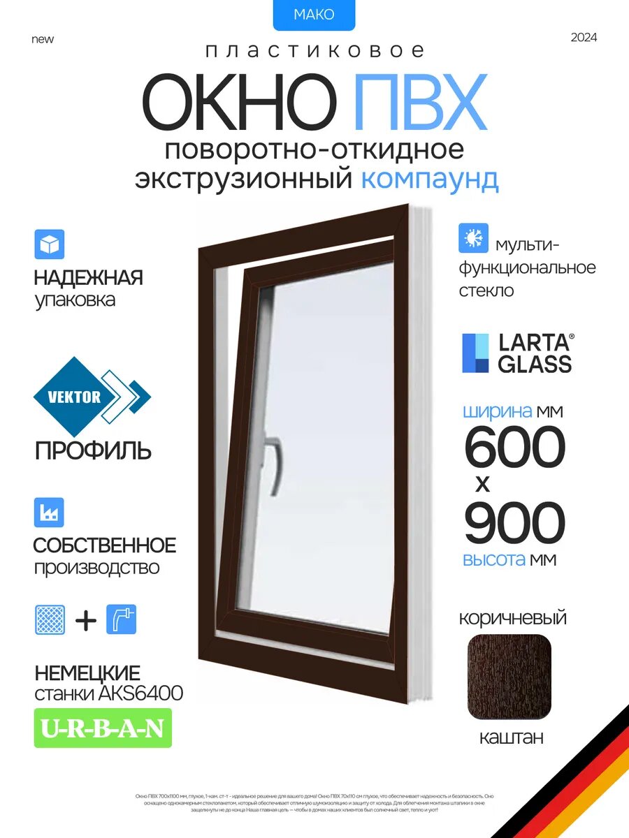 Окно пластиковое 90 х 60 см. поворотно-откидное левое коричнивое ПВХ энергосберегающий однокамерный стеклопакет