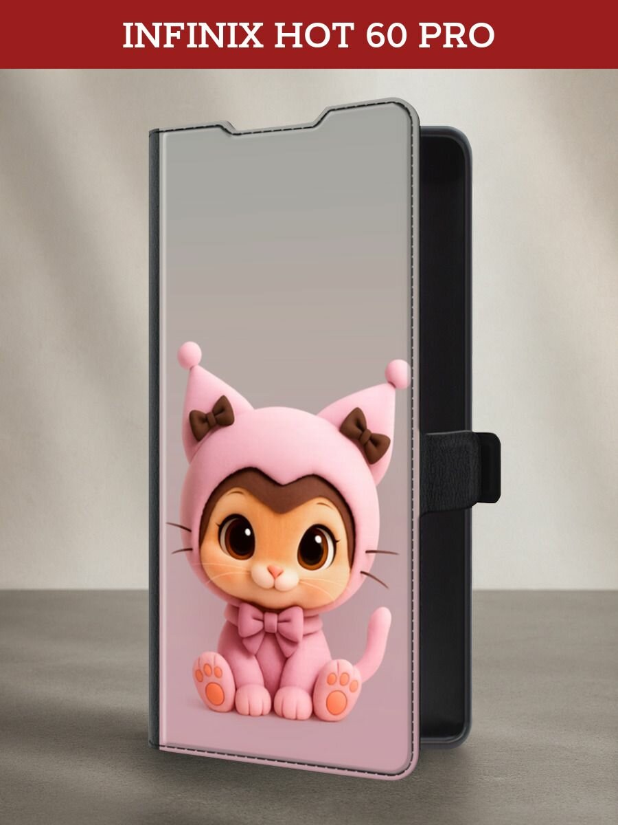 Чехол-книжка на Infinix Hot 60 Pro Plus / Инфиникс Хот 60 Про Плюс с рисунком Котик в пижаме, черный