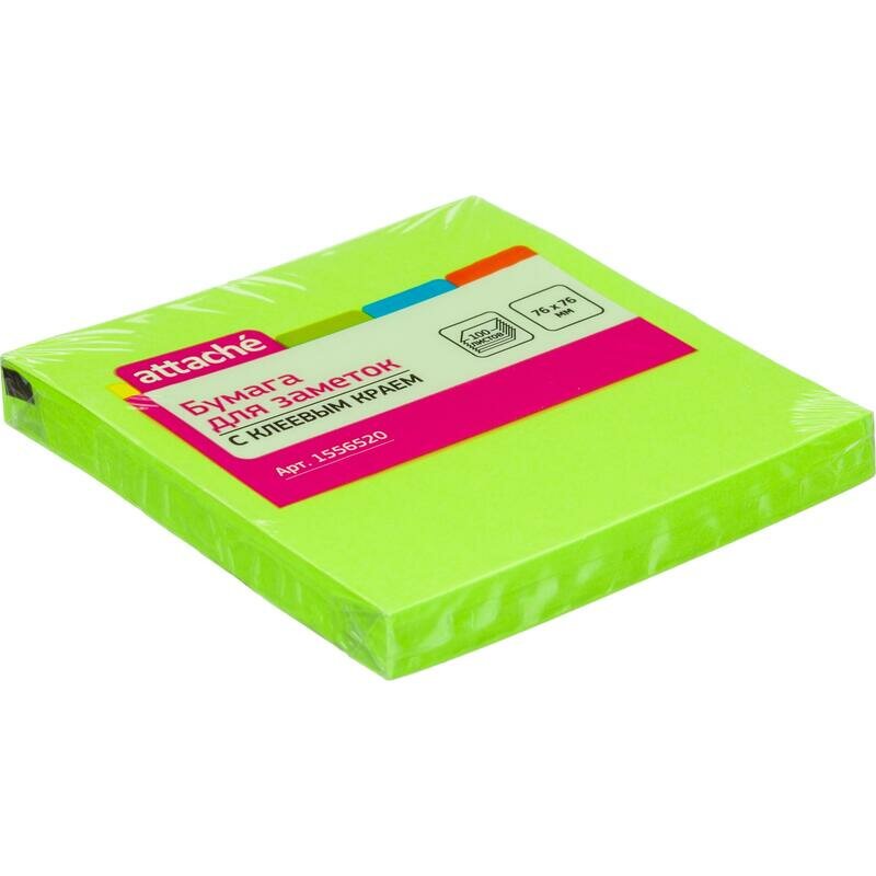 Стикеры Attache Неон, зеленые, с клеевым краем, 76х76 мм, 100 листов