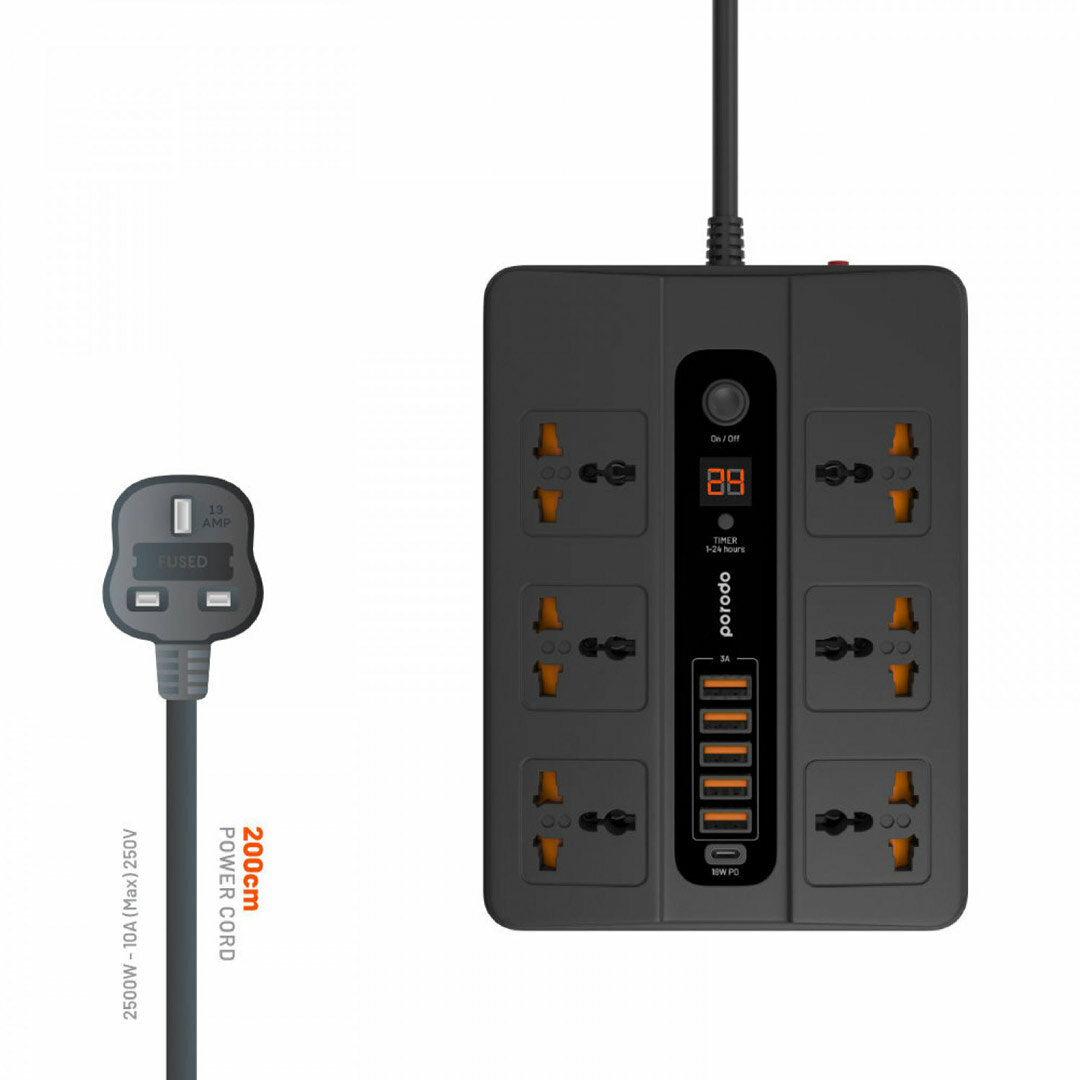 Многопортовый концентратор Porodo 5 Super Hub, 5 портов USB, 6 портов AC, USB-C, черный