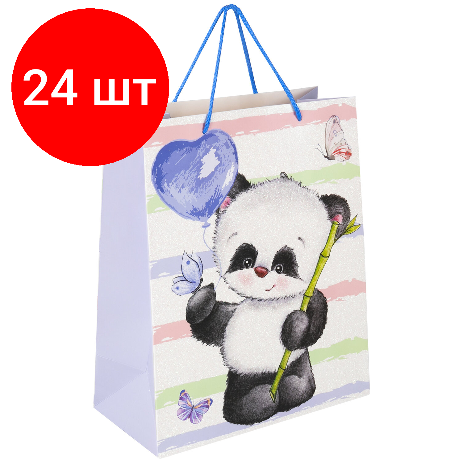 Комплект 24 шт, Пакет подарочный 26.5x12.7x33 см золотая сказка "Lovely Panda", глиттер, белый с голубым, 608241