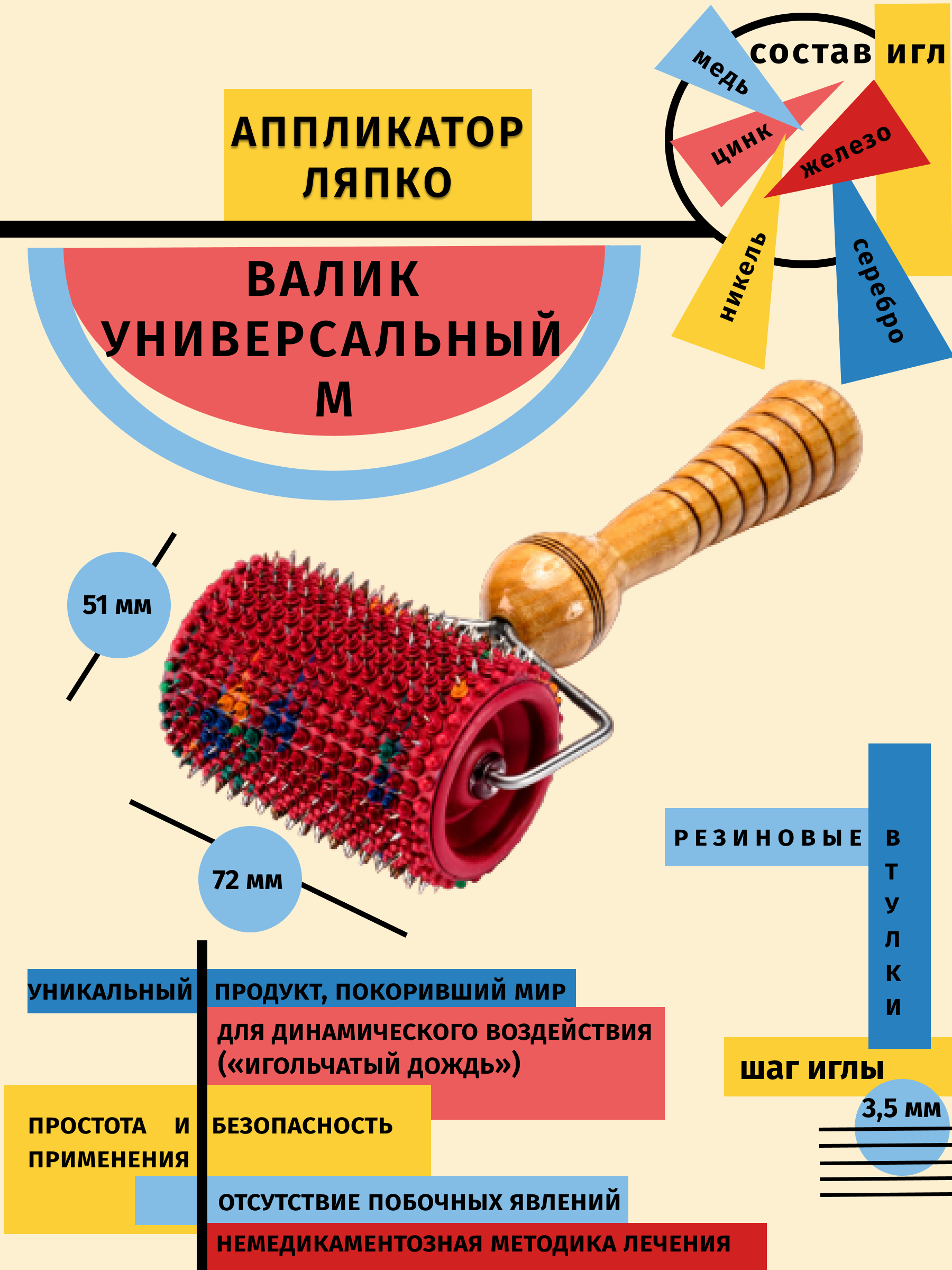 Аппликатор Ляпко Валик универсальный шаг игл 3,5 мм цвет: красный (диаметр-51 мм, ширина-72 мм)