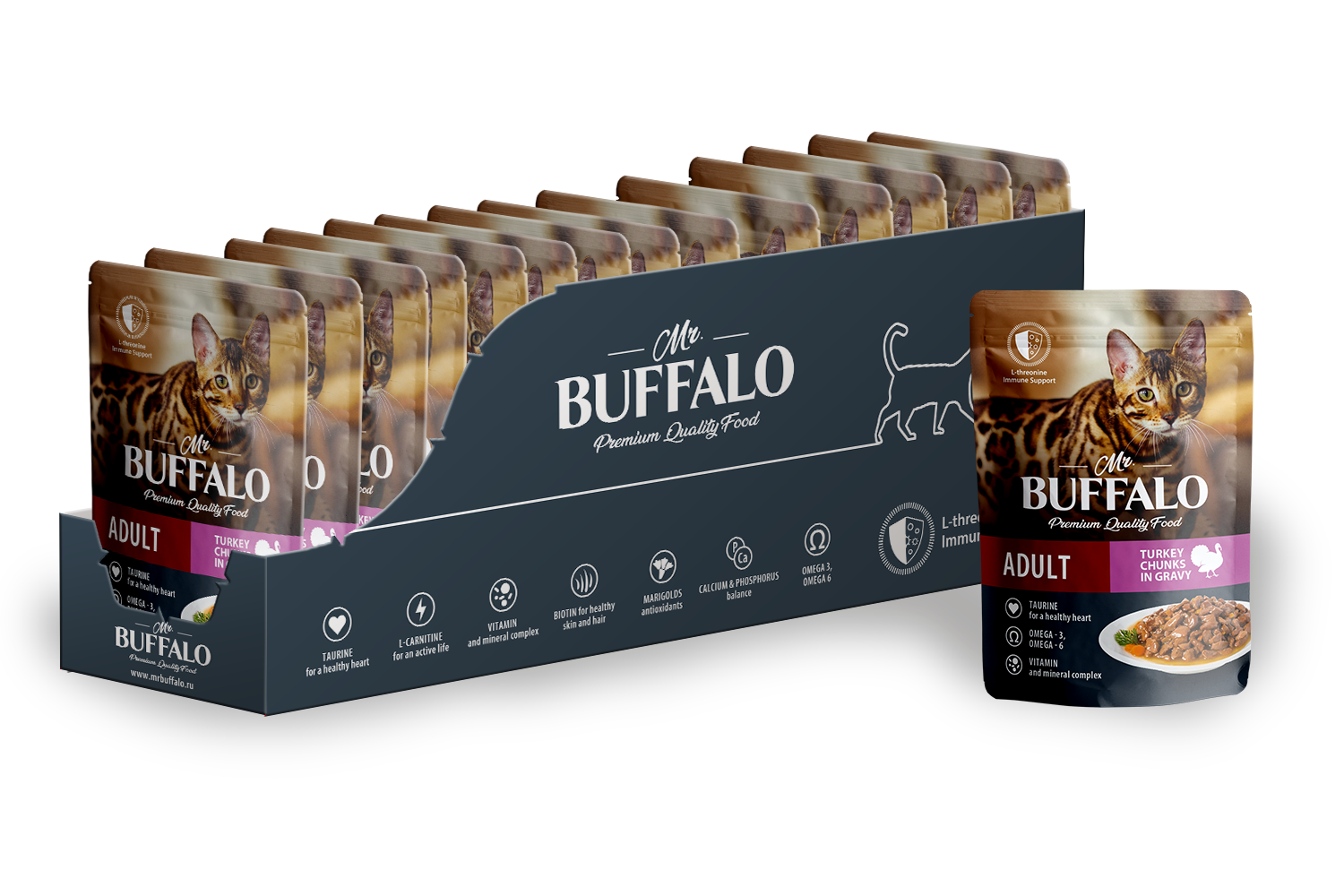 Влажный корм для кошек Mr.Buffalo ADULT SENSITIVE индейка в соусе паучи 85г (28 шт.)