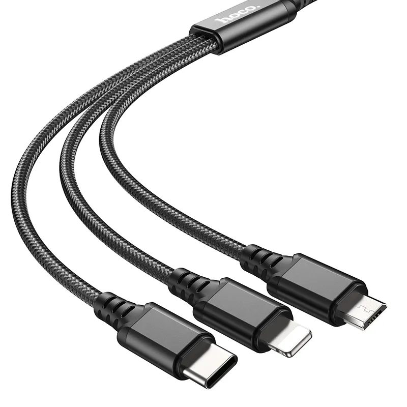 Кабель для зарядки телефона 3в1 hoco X76, USB to Type-С + Lightning + microUSB 1м, 2A черный