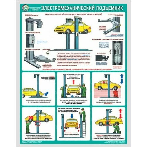 Плакат Безопасность в авторемонтной мастерской. Электромеханический подъемник