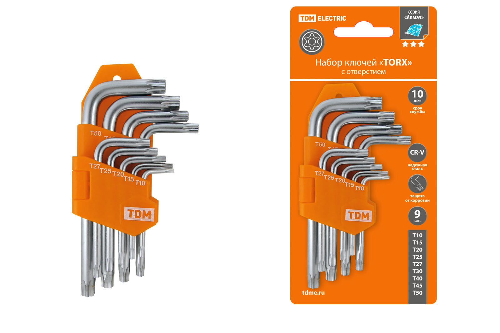 Набор ключей "TORX" с отверстием 9 шт: Т10-Т50 (держатель в блистере), CR-V сталь "Алмаз", TDM SQ1021-0102 (1 шт.)