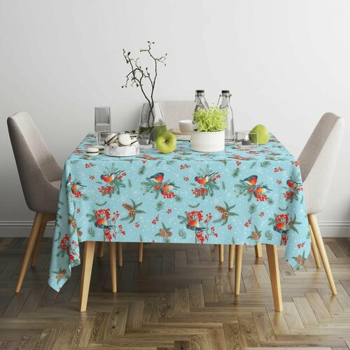 Скатерть новогодняя на стол 145x220см Снегири рогожка
