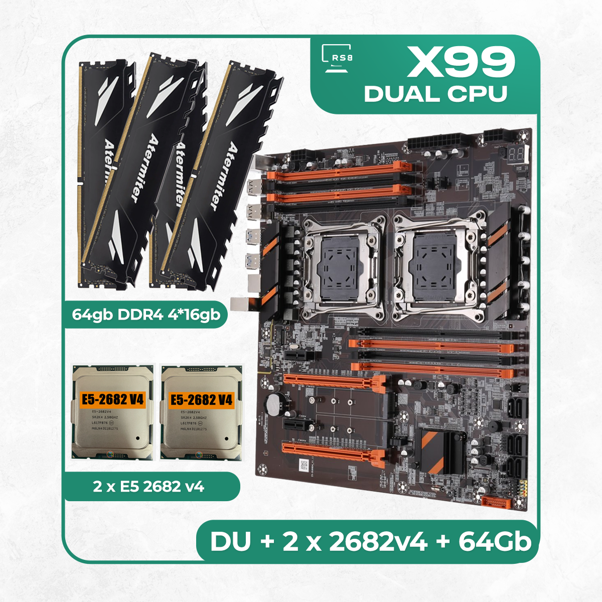 Комплект материнской платы X99: ZX-DU99D4 + 2 x Xeon E5 2682v4 + DDR4 64Гб Atermiter 2666Mhz 4х16Гб