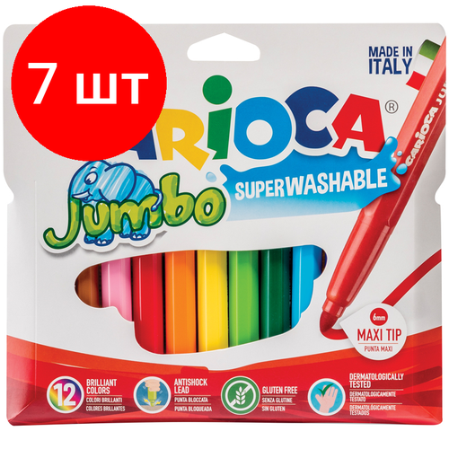 Комплект 7 шт, Фломастеры Carioca Jumbo, 12цв, утолщенные, смываемые, картон, европодвес фломастеры carioca bravo 12цв утолщенные смываемые картон европодвес