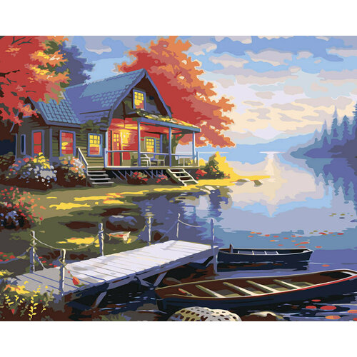 картина по номерам природа пейзаж с японским домом и сакурой Картина по номерам Природа пейзаж с домиком и лодками