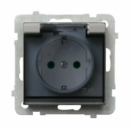 Ospel Sonata Серебро матовое Розетка 1-ая с/з IP44 с крышкой Schuko со шторками, без рамки