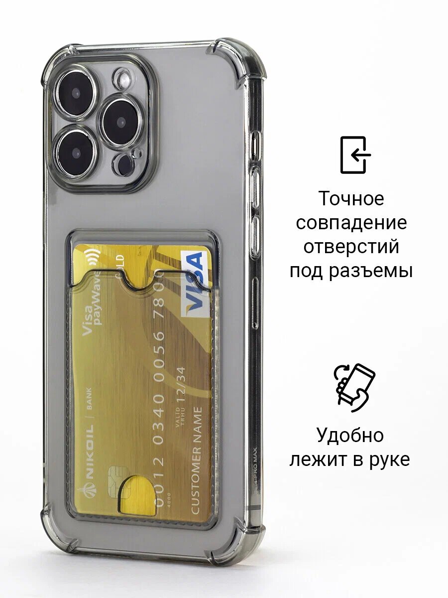 Силиконовый прозрачный чехол с картхолдером и защитой камеры для Iphone 15 pro max / Айфон 15 про макс — фото 1