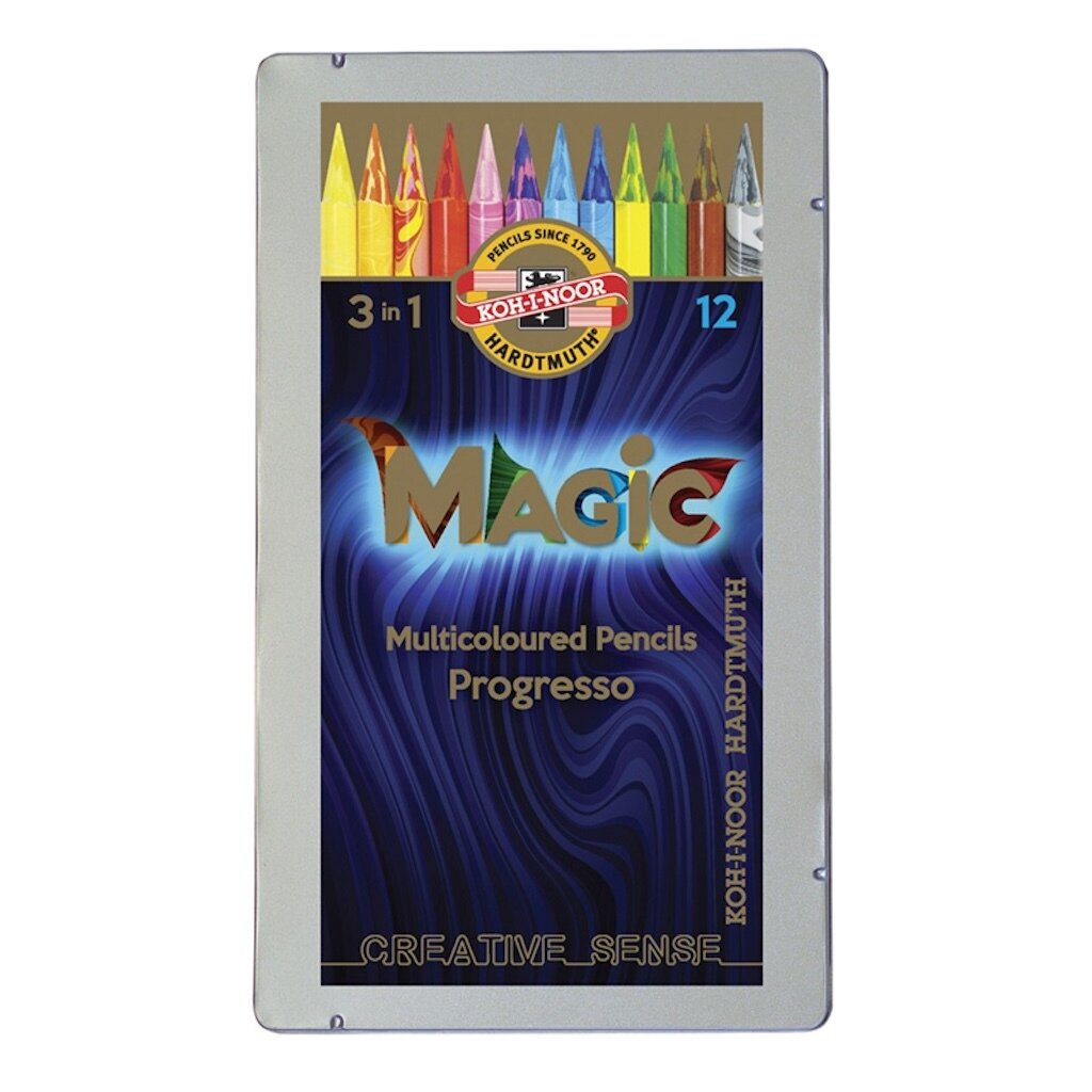 Карандаши с многоцв. грифелем Koh-I-Noor "Progresso Magic 8772", 12цв, цельнографитные, метал. пенал