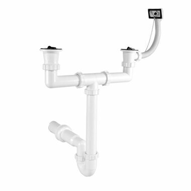 фото Сифон трубчатый для сдвоенной мойки с переливом, двумя водосливами, подводкой 50 мм