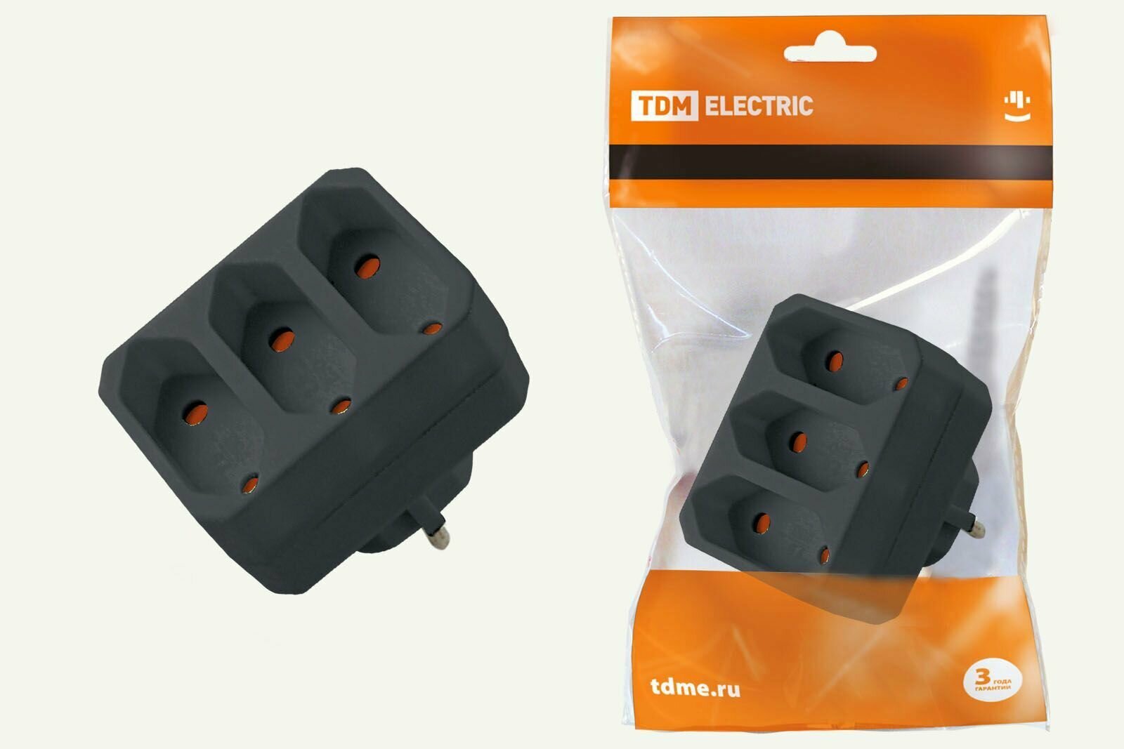 фото TDM Тройник Разветвитель сетевой 3 гнезда 2П без заземления 2,5А 250B под плоскую вилку, черный