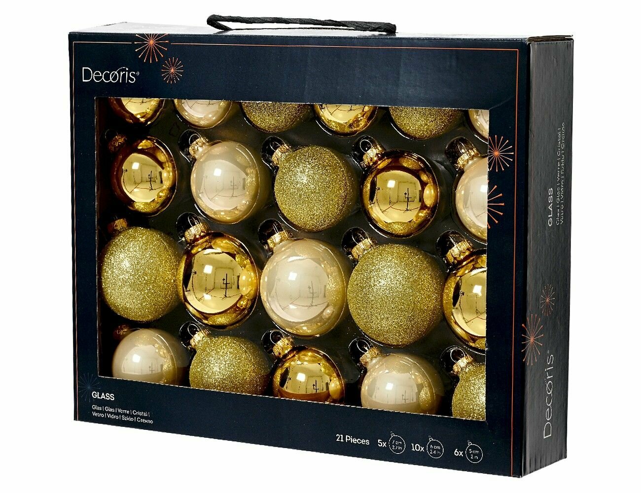 Набор стеклянных шаров золотая шкатулка, глянцевые, эмалевые, глиттер, 7 см (упаковка 21 шт.), Winter Deco 149315