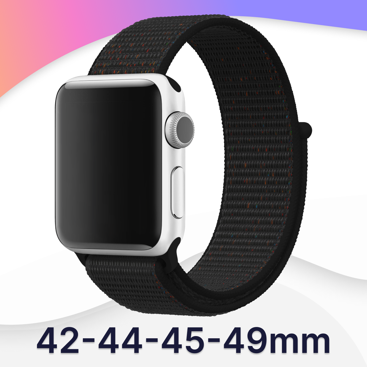 Нейлоновый ремешок для часов Apple Watch series 1-7 SE 42-44-45mm / Браслет на липучке для Эпл Вотч серии 1-7 СЕ 42-44-45 мм (Черно-оранжевый)