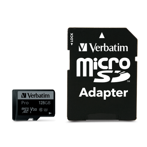 Карта памяти Verbatim Pro microSDXC 128GB UHS-I U3 V30, R/W 90/45 МБ/с с адаптером