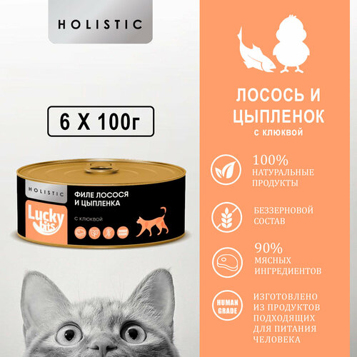 Консервы для кошек Lucky bits филе лосося и цыплёнка с клюквой, 6 шт. по 100 гр. Беззерновые консервы класса Holistic (Лаки битс)