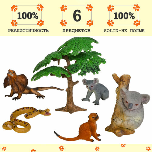 Набор фигурок животных серии Мир диких животных: 2 коалы, сурикат, ящерица, змея (набор из 6 предметов)