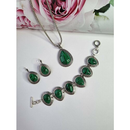 Комплект украшений, малахит, длина 60 см, зеленый/черный