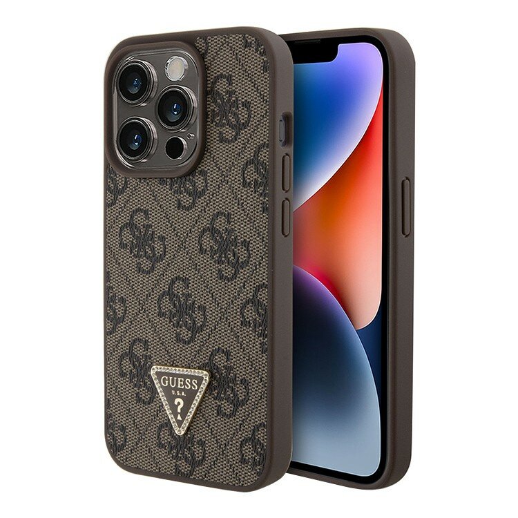 Guess для iPhone 15 Pro чехол из кожи PU с принтом 4G и метал лого Triangle Diamond, коричневый