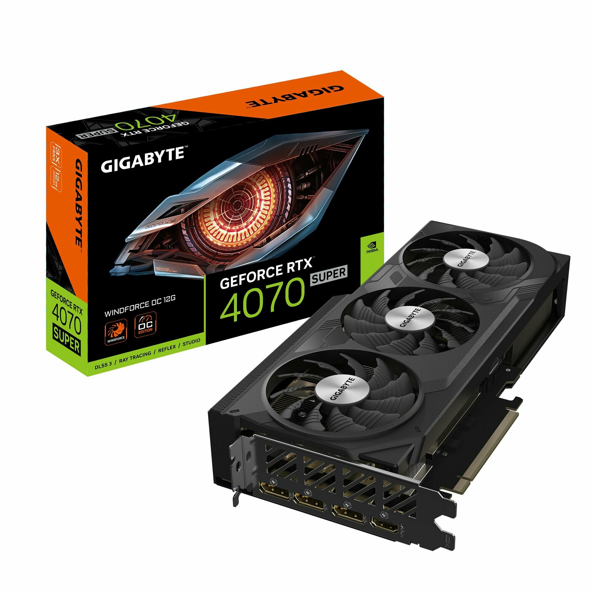 Видеокарта, Gigabyte, RTX4070 SUPER WINDFORCE OC 12G (GV-N407SWF3OC-12GD) 4719331354169, GDDR6X, 192bit, 1-HDMI, 3-DP, Windforce 3X Fan, 261*126*50 мм, Цветная коробка