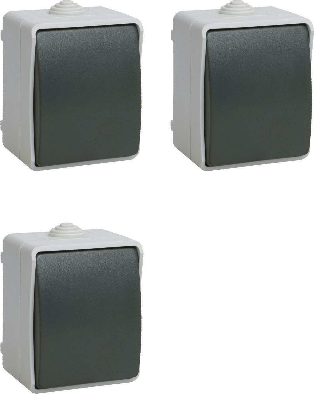 фото Выключатель IEK Форс одноклавишный для открытой проводки IP54 серый (комплект из 3 шт)
