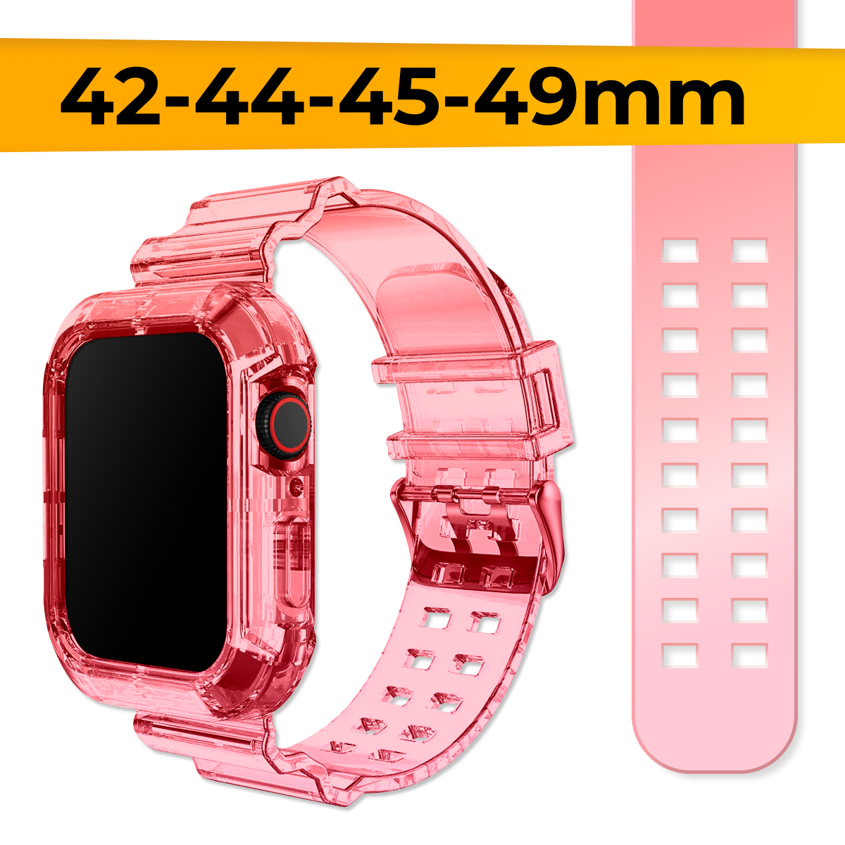 Прозрачный силиконовый ремешок для Apple Watch 1-9, SE, Ultra, 42-44-45-49 mm / Сменный браслет на часы Эпл Вотч Серии 1-9, СE, Ультра / Розово-красный