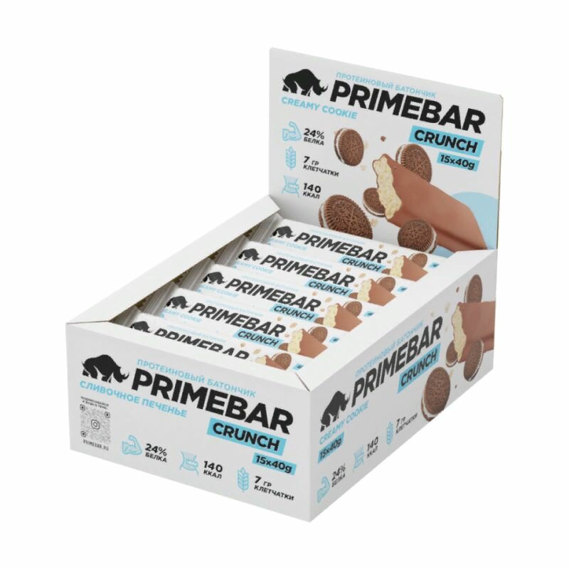 Протеиновые батончики 15 шт по 40 гр, PrimeKraft PrimeBar Crunch, печенье-крем