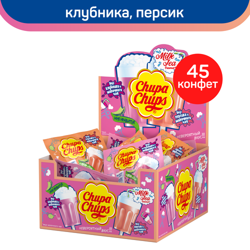 Карамель Chupa Chups Milk Tea со вкусом клубники и персика, 45 шт по 15 г