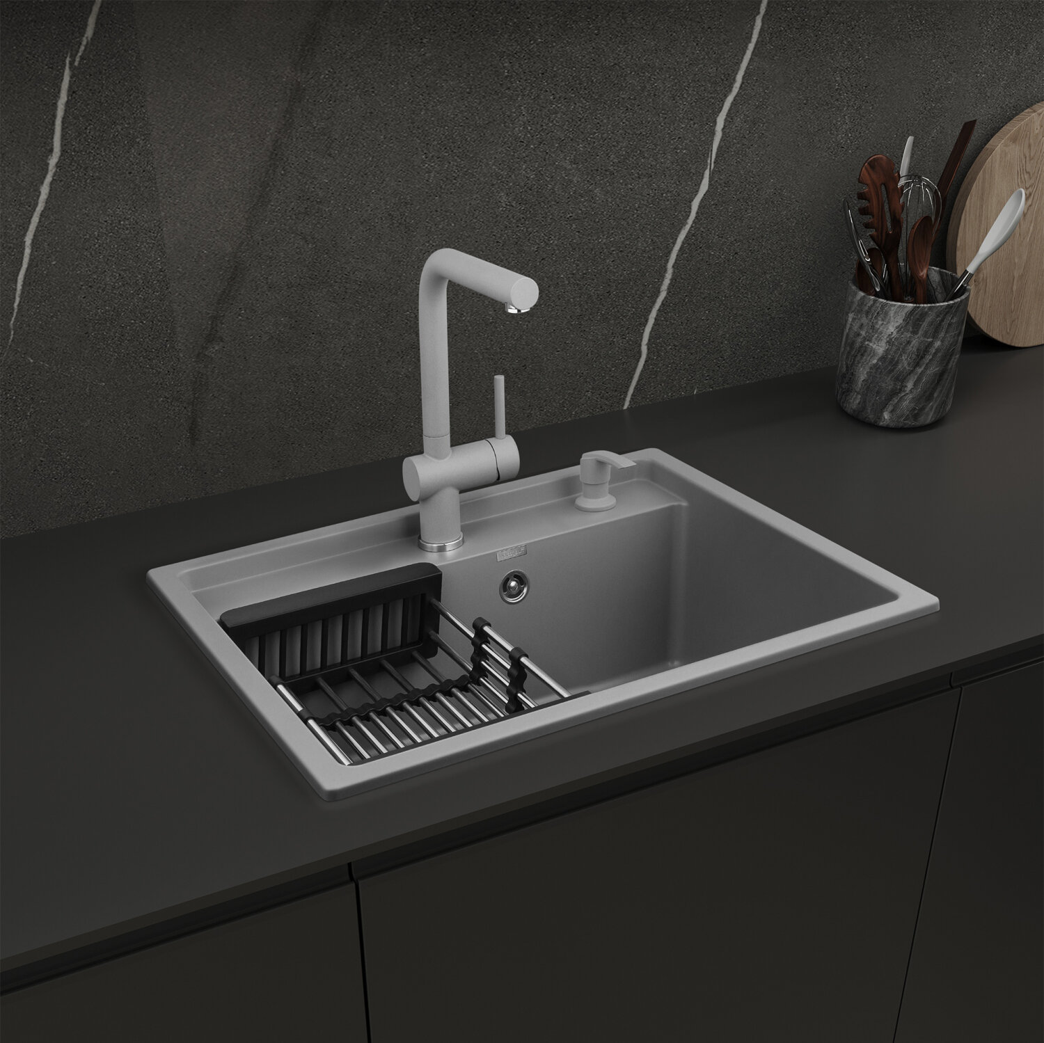 Мойка Weissgauff с дозатором и коландером WG 60005 Gray Premium Line — фото 1
