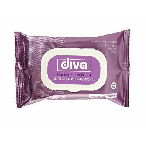 Влажные салфетки Diva для снятия макияж с миц водой и экстр цветков розы 25шт х уп 15уп 1757₽