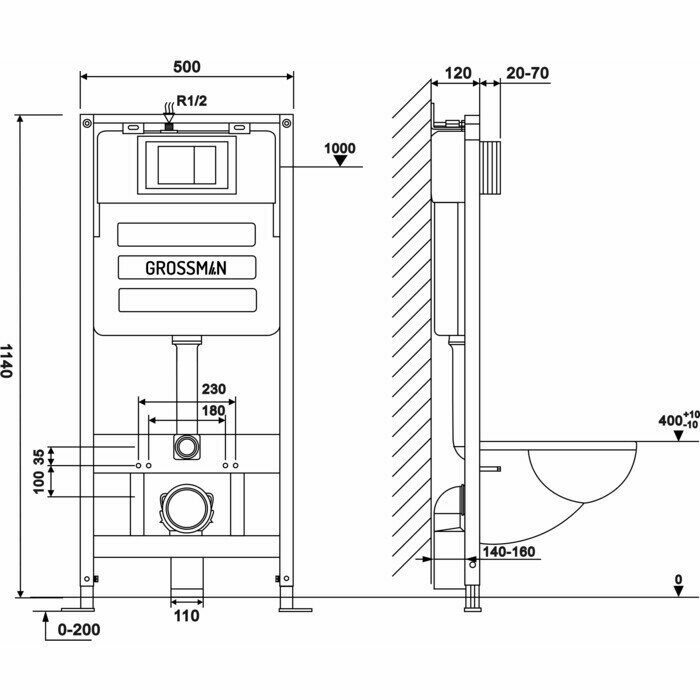 Инсталляция для унитаза Grossman 900. K31.01.000 с клавишей Galaxy золото глянцевая