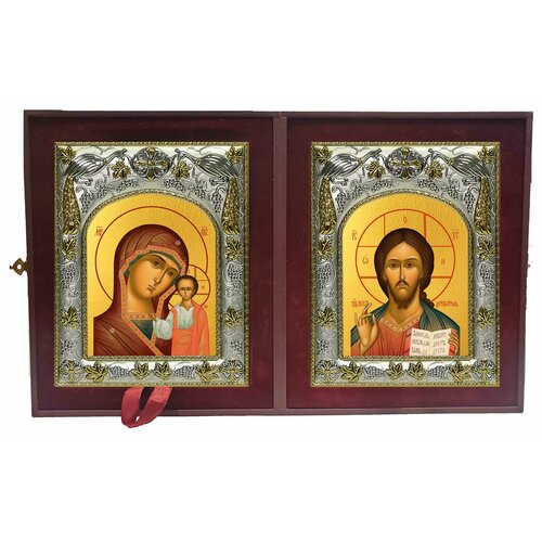 Складень кожаный, с иконами 14х18см, Господь Вседержитель и Казанская Божия Матерь