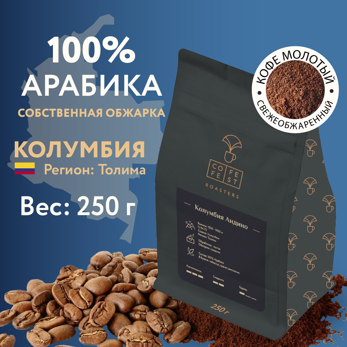 Кофе молотый CofeFest Колумбия Андино 100% Арабика свежеобжаренный 250 г