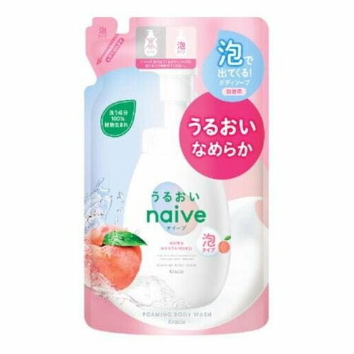 KRACIE Naive Foam Body Soap Moisturizing Увлажняющее жидкое мыло-пенка для тела с экстрактом листьев персикового дерева с ароматом сочного персика сменная упаковка 480 мл 1487₽